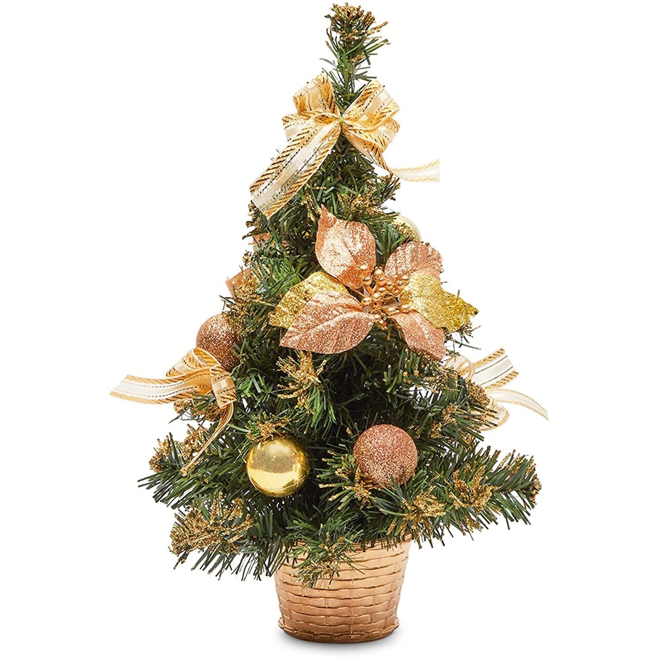 Mini Christmas Tree with Gold Ball Ornaments, Bows, and Poinsettias (16 in)